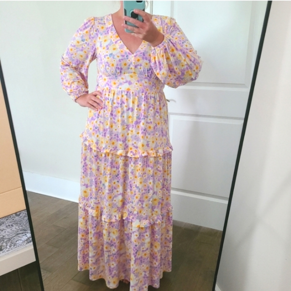 Eloquii Floral Long Bubble Sleeve V-neck Tiered Ruffle Hem Maxi Dress